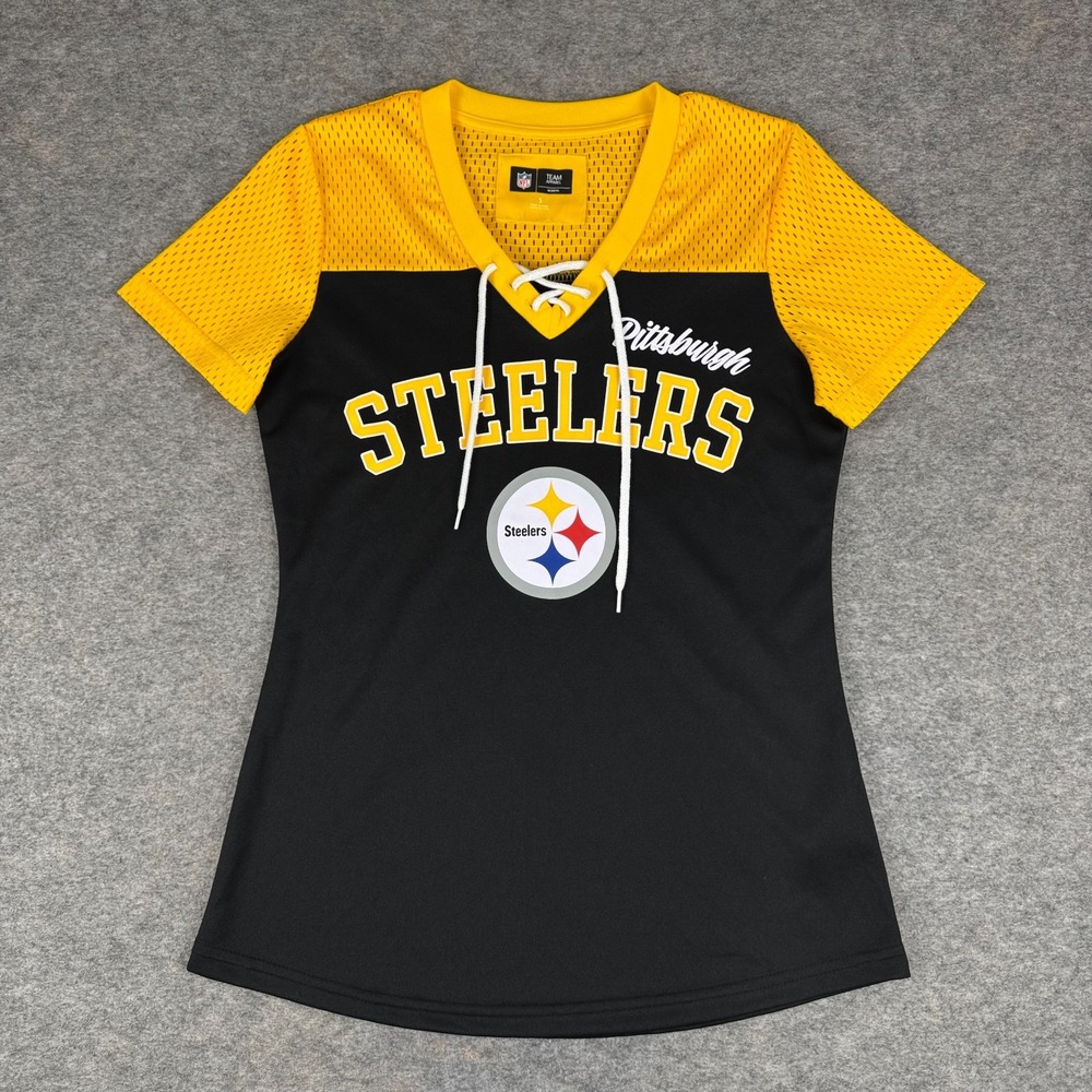 G III Apparel NFL Pittsburgh Steelers V-Neck Lace Up Shirt Womens Small S